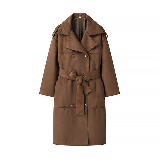 Manteau Trench en Velours de Daim avec Ceinture à Double Boutonnage