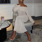 Robe Longue Tricotée à Manches Longues