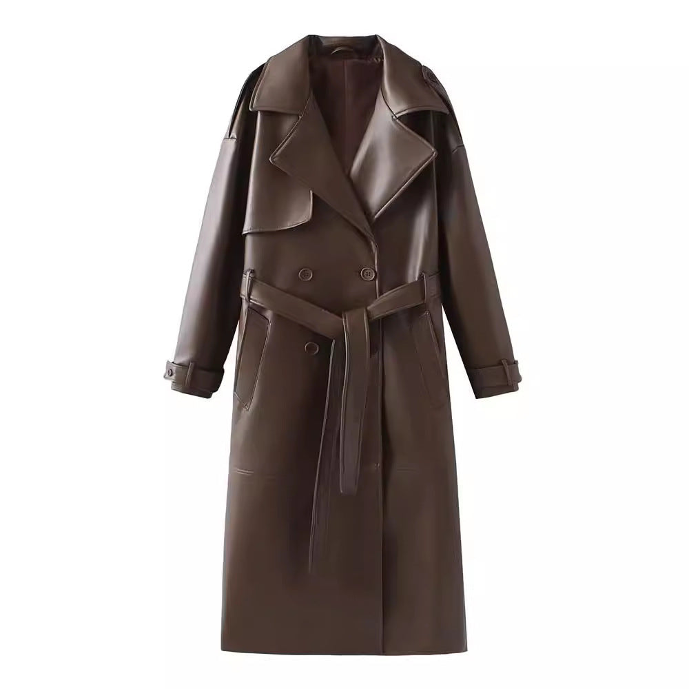 Manteau en Cuir Long de Style Urbain