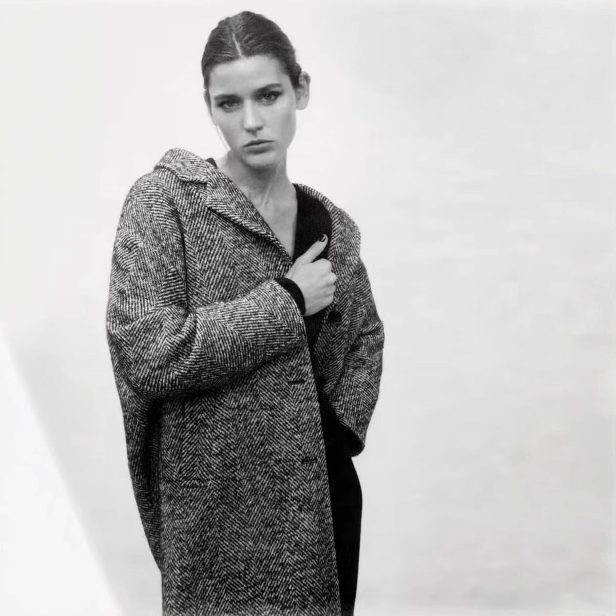 Manteau Mi-Long en Sergé à Motif Chevron