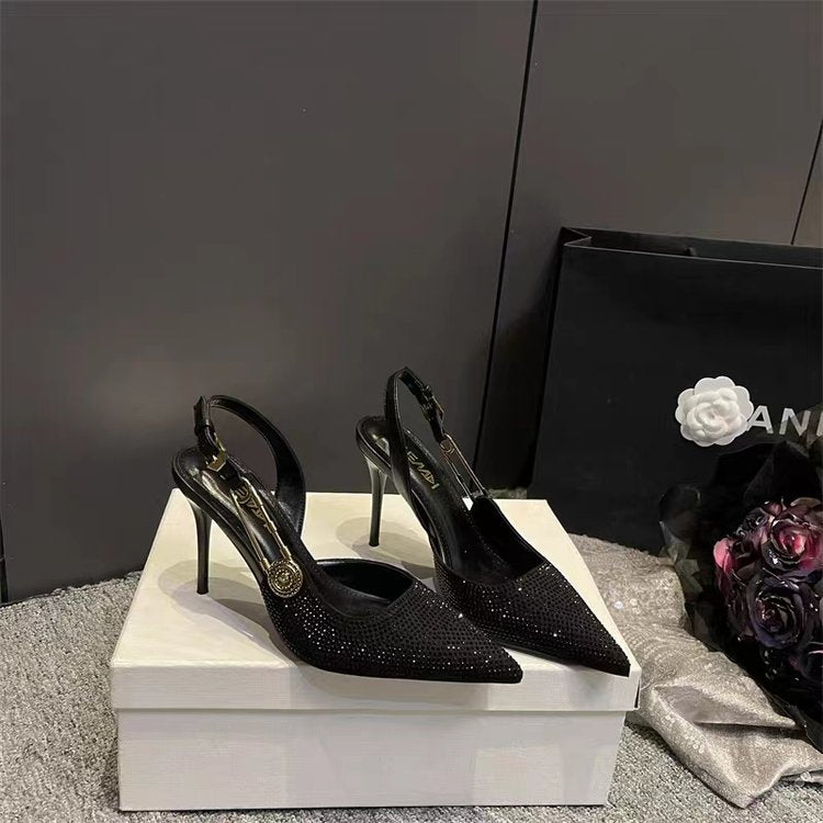 Escarpins à talons aiguilles pointus en simili cuir avec strass et fermeture à lanière